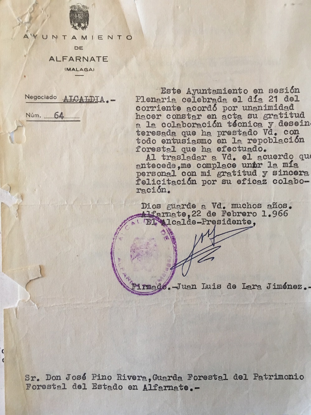 Felicitación del Alcalde de Alfarnate por la repoblación forestal de la Sierra de Enmedio.