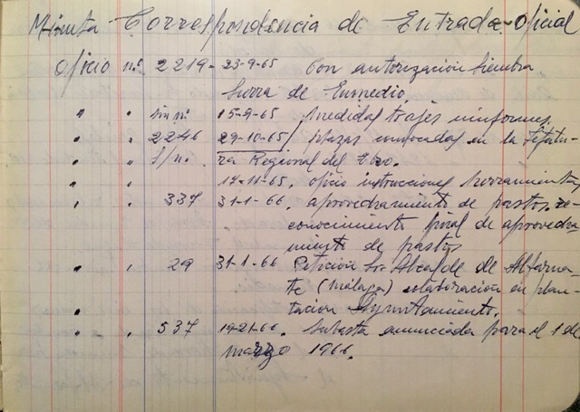 Registro de correspondencia laboral recibida entre el 23/09/1965 y el 19/02/1966, Alfarnate (Málaga).