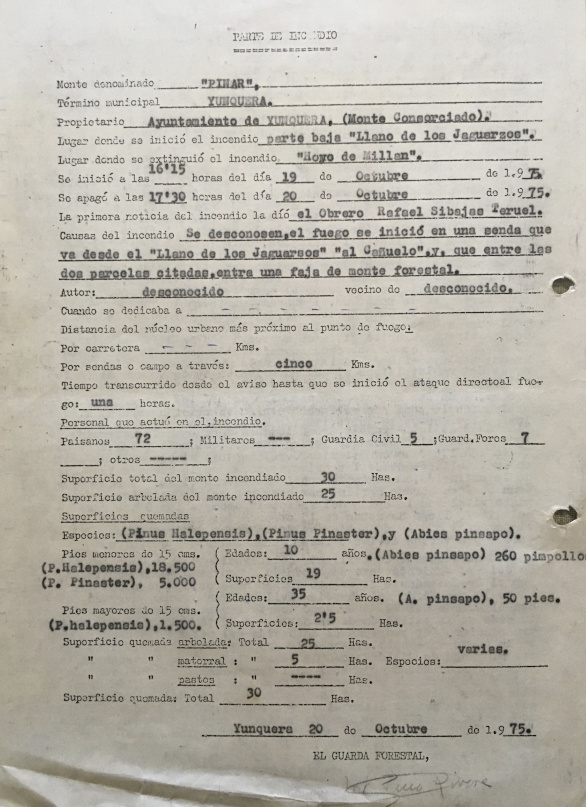 Parte del incendio forestal del 19/10/1975 del llano de los Jaguarzos, monte Pinar de Yunquera.