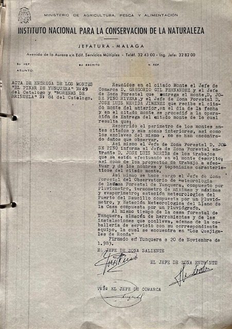 Acta, de 20 de noviembre de 1983, de entrega de los montes públicos del término municipal de Yunquera.