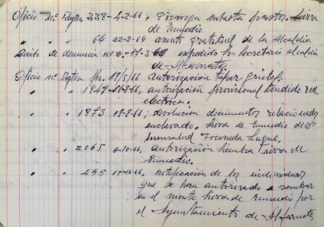 Página del registro de correspondencia laboral recibida entre el 04/02/1966 y el 15/10/1966, Alfarnate (Málaga).
