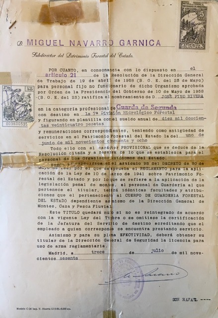 Nombramiento de Guarda de Segunda del PFE, con efectos de 01/06/1958.