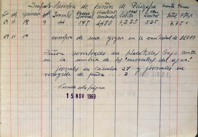 Página del 15/11/1969 del registro de trabajos. Siembra de pinsapo.