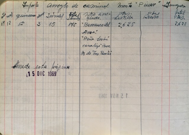 Página de 15/12/1969 del registro de trabajos. Arreglo de caminos de herradura.