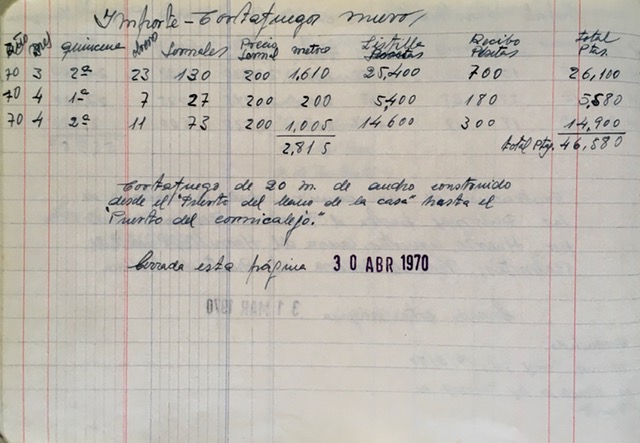 Página de 30/04/1970 del registro de trabajos. Construcción de cortafuegos nuevos.