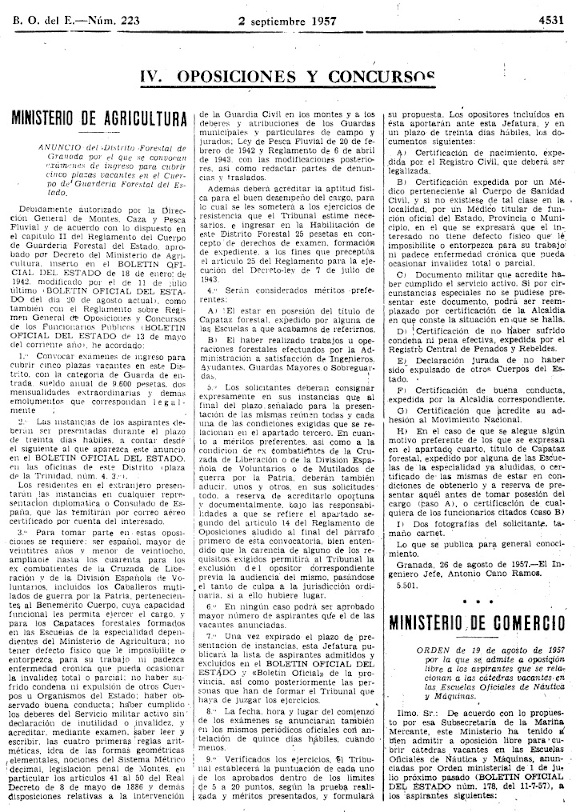 BOE núm. 223, de 02/09/1957. Convocatoria de cinco plazas de guarda forestal en el Distrito Forestal de Granada.