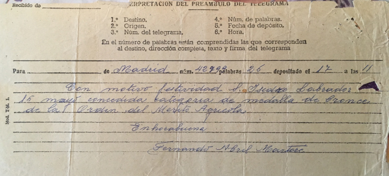 Telegrama de 17/05/1977, nº 47799. Con motivo festividad San Isidro Labrador ingreso en la Orden del Mérito Agrícola.