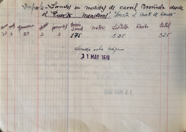 Página de 31/05/1970 del registro de trabajos. Construcción del carril forestal de las Morenas.