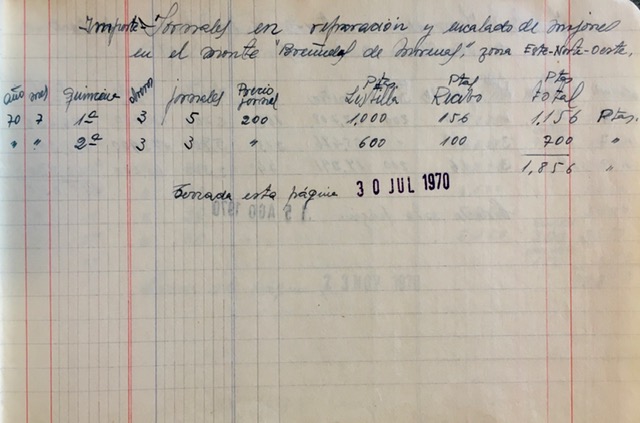 Página de 30/07/1970 del registro de trabajos. Reparación y encalado de mojones del monte Morenas de Briñuela.