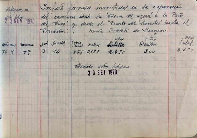 Página de 30/09/1970 del registro de trabajos. Reparación de caminos de herradura.