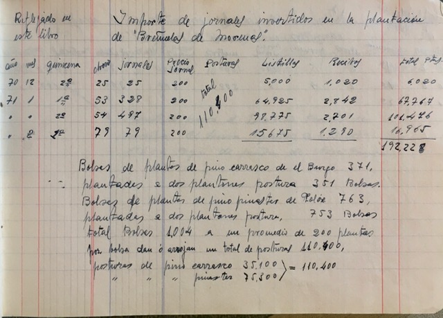 Página de 15/02/1971 del registro de trabajos. Repoblación forestal del monte Morenas de Briñuela.