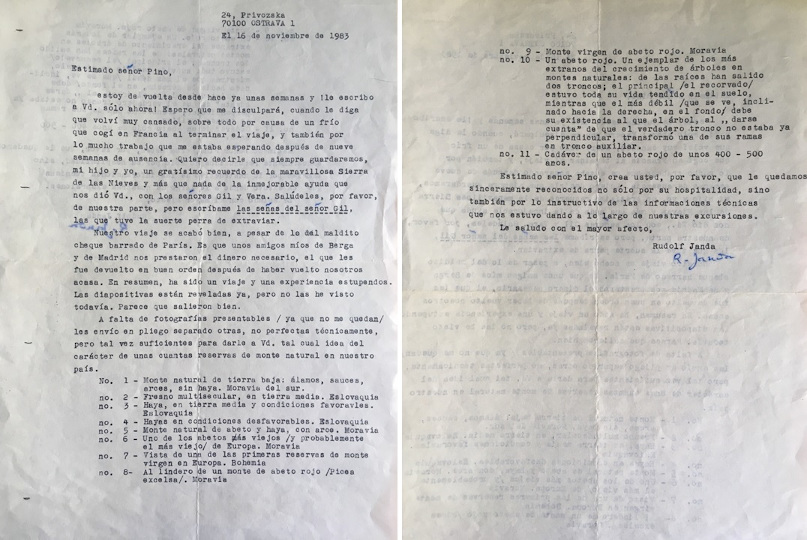 Carta de 16/11/1983 de Rudolf Janda, reconocido fotógrafo checo de la naturaleza.