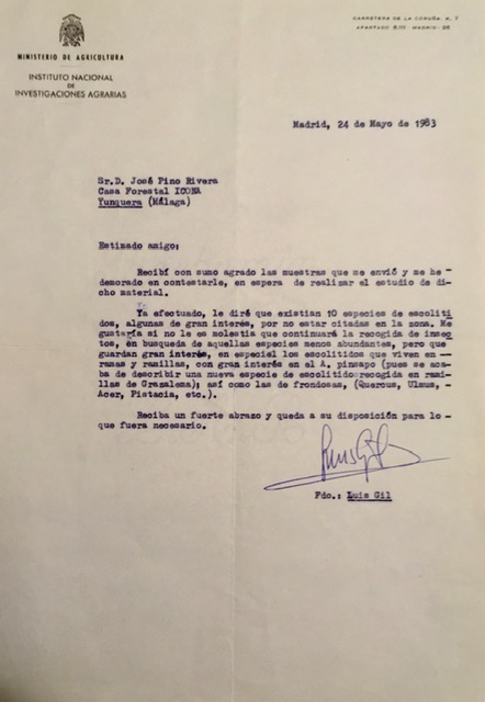 Carta de Luis Gil de 24/05/1983, comunicando el resultado del estudio de unas muestras de insectos.