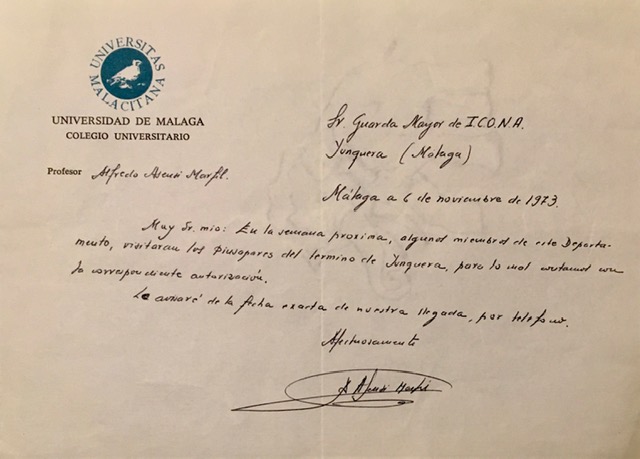 Carta del botánico Alfredo Asensi Marfil de 06/11/1973, informando de la visita al pinsapar de Yunquera.