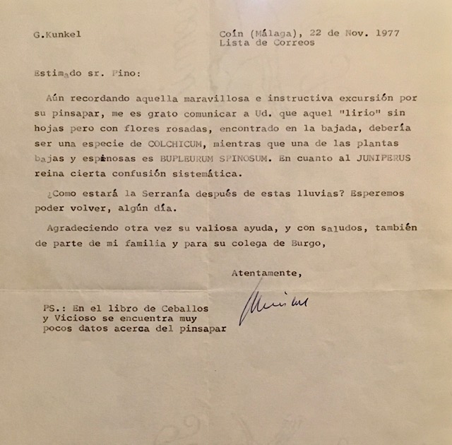 Carta del botánico Günther Kunkel de 22/11/1977 agradeciéndole su ayuda.