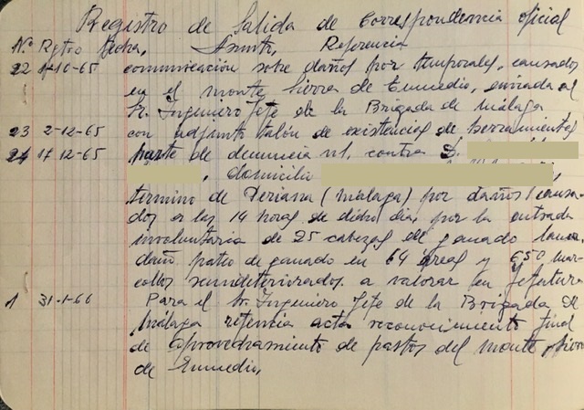Página del registro de correspondencia laboral enviada entre el 01/10/65 y el 31/01/1966, Alfarnate (Málaga).