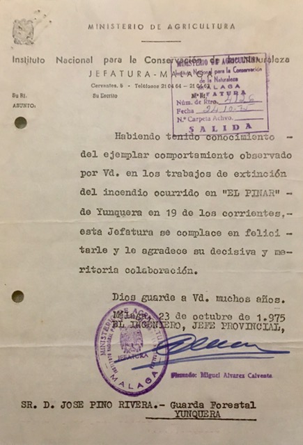 Oficio del 23/10/1975, con nº de registro 4.126, de felicitación por su actuación en la extinción del incendio forestal del 19/10/1975.