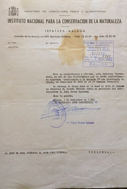 Oficio de 7/11/1983, con nº de registro 8.888, comunicando nombramiento en funciones de Jefe de la 3ª Comarca Forestal.