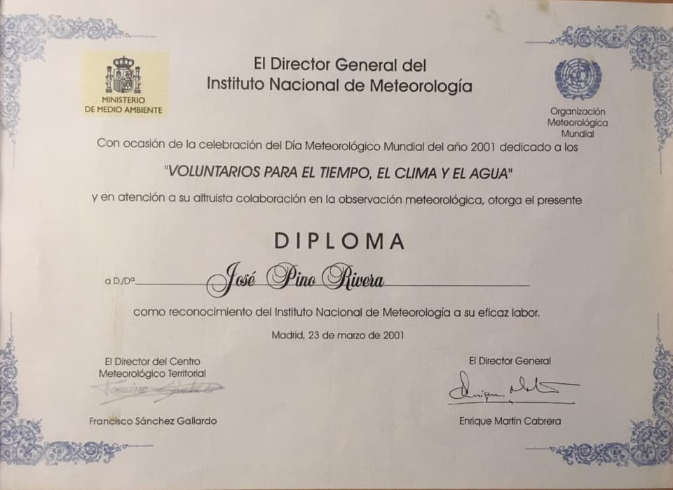 Diploma de 23/03/2001 de Voluntario para el tiempo, el clima y el agua.