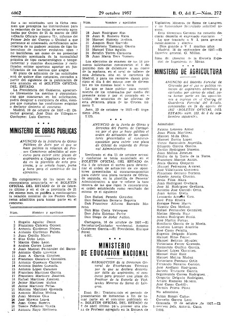 BOE núm. 272, de 29 octubre 1957. Anuncio de oposiciones al Cuerpo de Guardería Forestal del Estado.