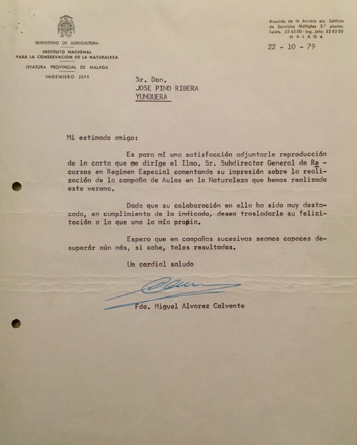 Oficio de 22/10/79, de felicitación por la campaña de Aulas en la Naturaleza del verano pasado.