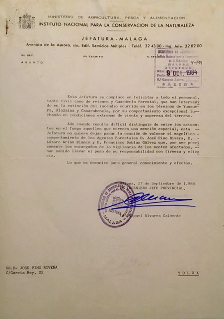 Oficio de 09/10/84, de nº de registro 9.499, de felicitación por su comportamiento en la extinción de incendio forestal.