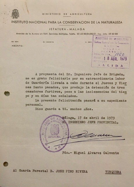Oficio de 18/04/79, de nº de registro 1.750, de felicitación por su extraordinaria labor de guardería contra el furtivismo.
