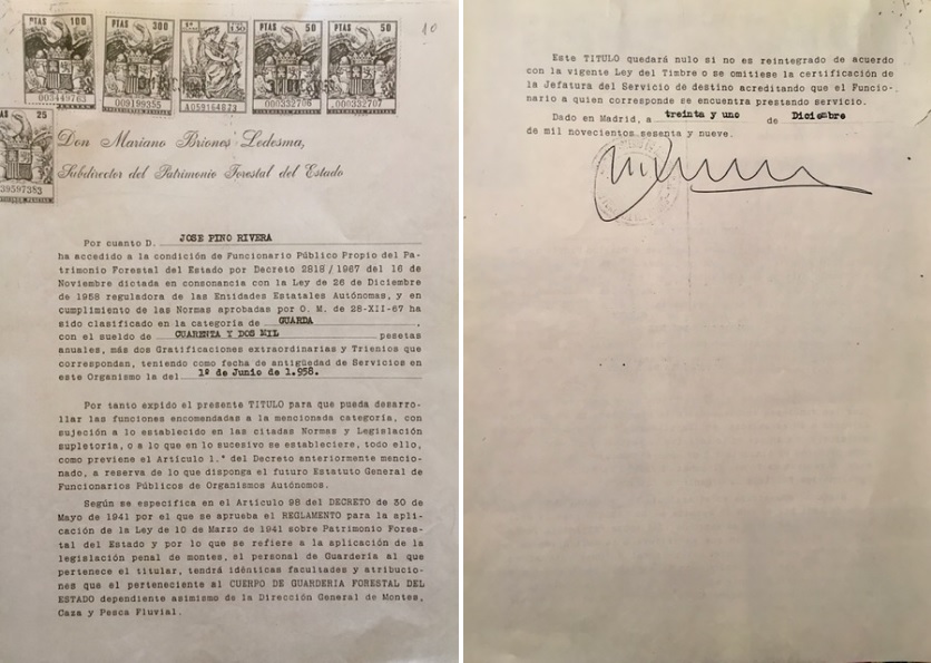 Nombramiento como Guarda del Patrimonio Forestal del Estado, teniendo como fecha de antigüedad la de 1 de Junio de 1958.