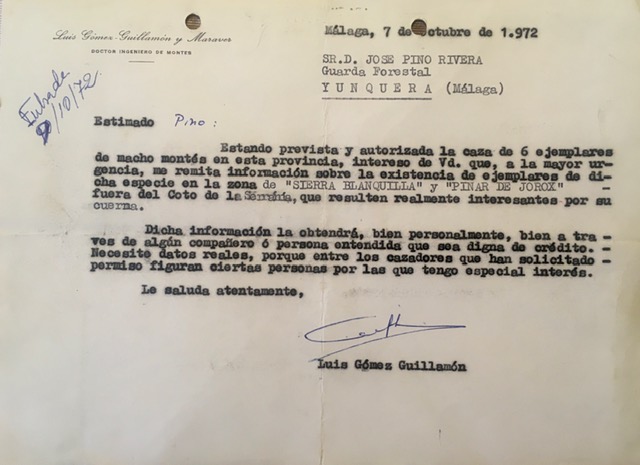 Nota de 07/10/1972 de Luis Gómez-Guillamón solicitando datos sobre cabra montés en Sierra Blanquilla y Pinar de Jorox.