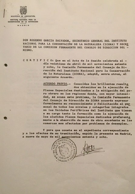Certificado de 09/05/1978 del S.G. del ICONA de felicitación por la ejecución de los planes especiales del paro obrero.