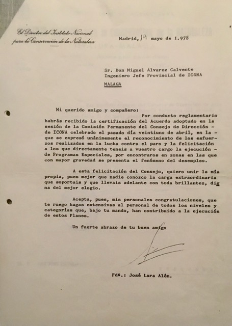 Carta de 19/05/1978 del D.G. del ICONA de felicitación por la ejecución de los planes especiales del paro obrero.