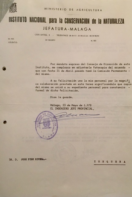 Carta de 23/05/1978, adjuntando el acuerdo del Secretario General del ICONA de 09/05/1978.
