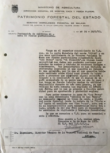 Oficio nº 24, de 30/05/1973, informando de daños en cultivos de fincas colindantes.