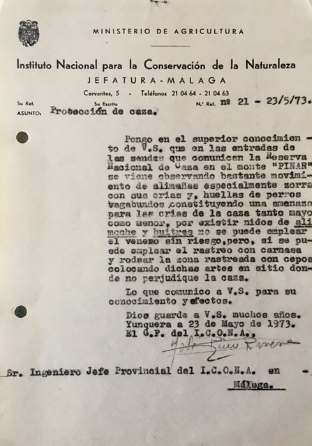 Oficio nº 21, de 23/05/1973, informando del movimiento de alimañas y proponiendo su control.