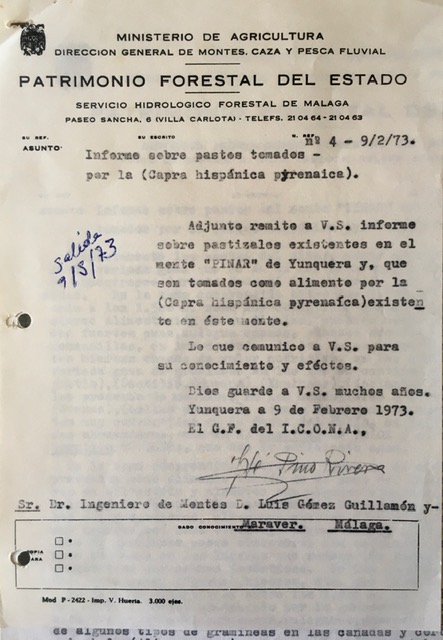 Oficio de 09/02/1973, adjuntando informe sobre pastos consumidos por cabra montés en el monte Pinar de Yunquera.