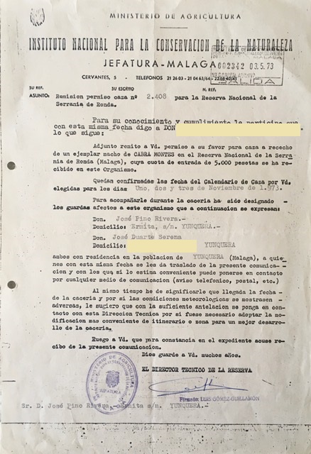 Oficio nº 2342, de 03/05/1973, remitiendo permiso de caza a rececho de un macho montés.