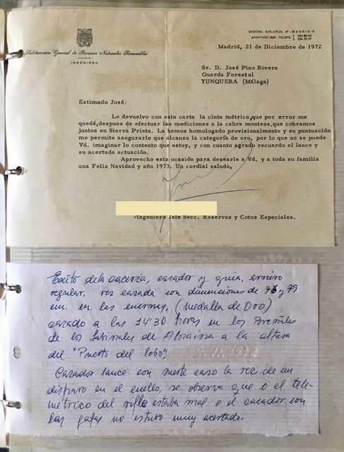Carta de 21/12/1972, informándole sobre el macho montés cazado en sierra Prieta el 29/11/1972.