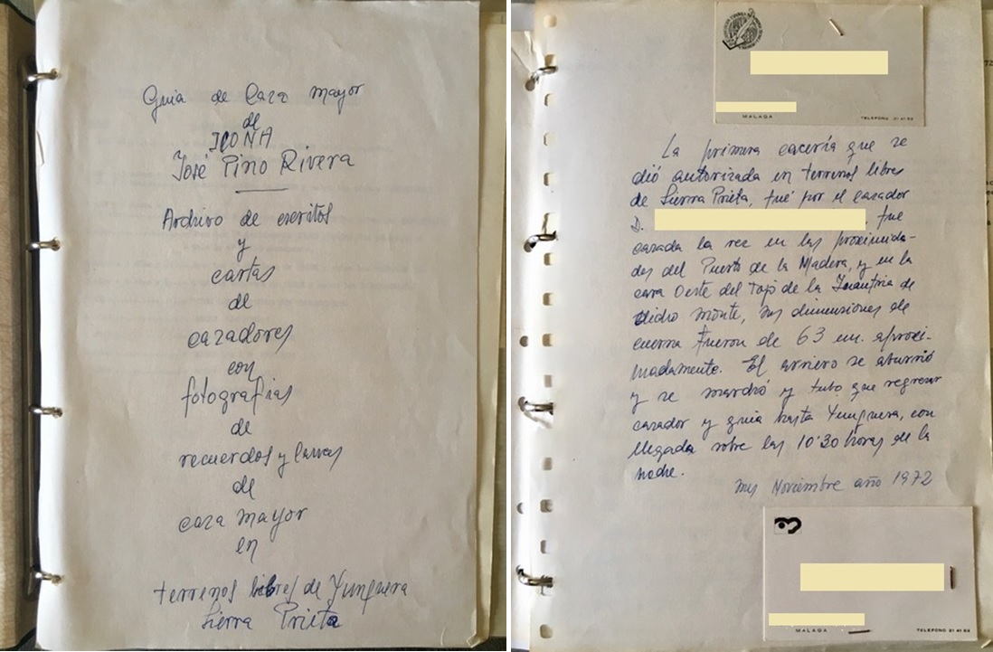 Páginas primera y segunda del archivador 'Guía de caza mayor José Pino Rivera', terrenos libres de Sierra Prieta.