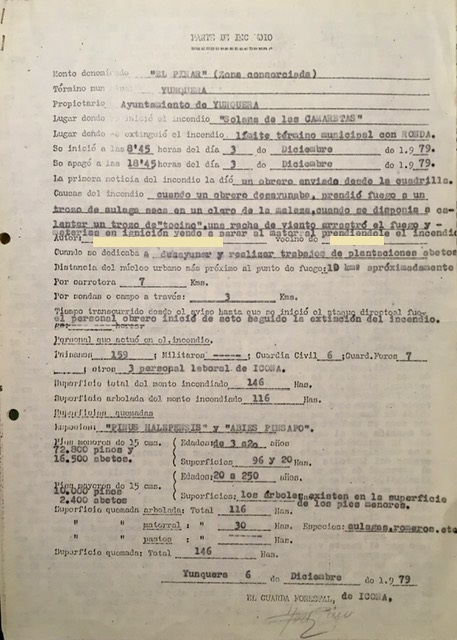 Parte del incendio forestal del 03/12/1979 de la solana de las Camaretas, monte Pinar de Yunquera.