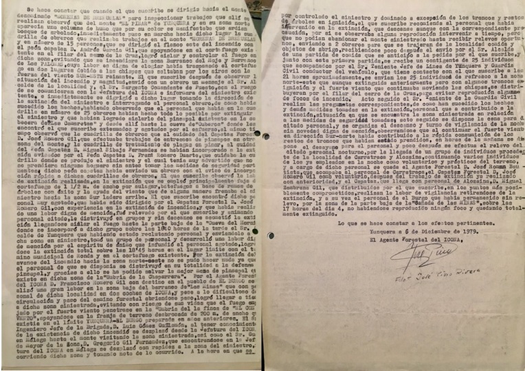 Informe del incendio forestal del 03/12/1979 de la solana de las Camaretas, monte Pinar de Yunquera.
