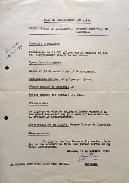 Escrito de 17/10/1972. Plan de repoblación de pinsapo del monte Pinar de Yunquera para 1972.