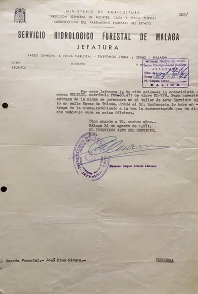 Oficio nº 1.711, de 24/08/1971, asignándole la motocicleta marca BULTACO, matrícula PMM-38.471.