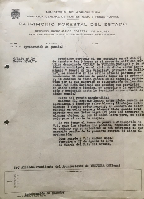 Oficio de 27/08/1970, poniendo en conocimiento la captura y depósito de ganado encontrado sin autorización en el monte.