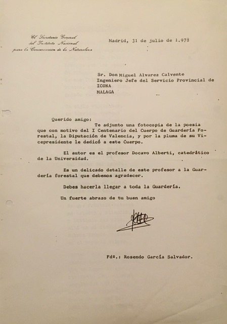 Carta de 31/07/1978 del Secretario General del ICONA al Ingeniero jefe del ICONA en Málaga.