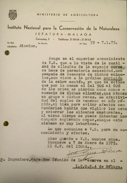 Oficio nº 51, de 07/01/1975, informando de la necesidad de realizar un descaste de zorros.