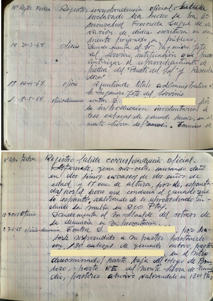 Página del registro de correspondencia laboral enviada entre el 30/03/1967 y el 07/06/1967. Alfarnate (Málaga).