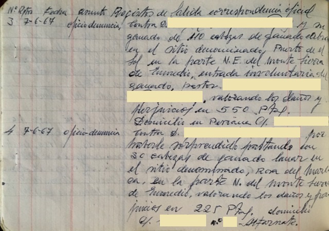 Página del registro de correspondencia laboral enviada el 07/06/1967. Alfarnate (Málaga)