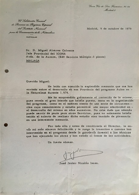 Carta de 09/10/1979 de José Javier Nicolás a Miguel Álvarez, felicitándole por el desarrollo del programa de Aulas en la Naturaleza.