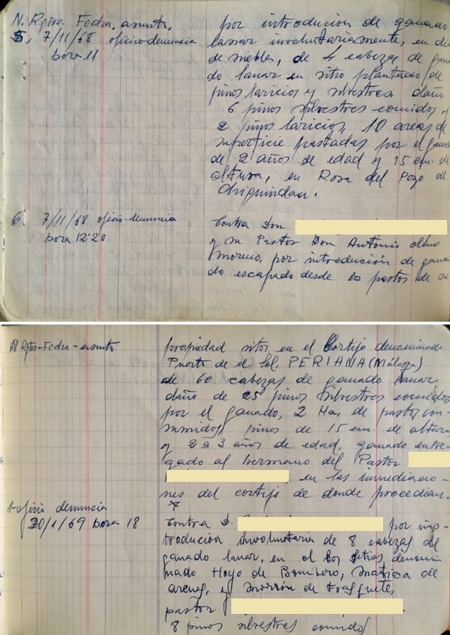 Página del registro de correspondencia laboral enviada el 07/11/1968 y el 20/01/1969. Alfarnate (Málaga)