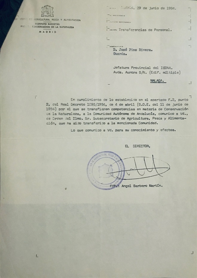 Carta del 29/06/1984 del Director General del ICONA, comunicando que ha sido transferido a Andalucía.